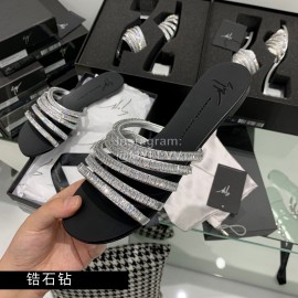 Giuseppe Zanotti Simple Sheepskin Diamond Flat Heel Slippers For Women Black