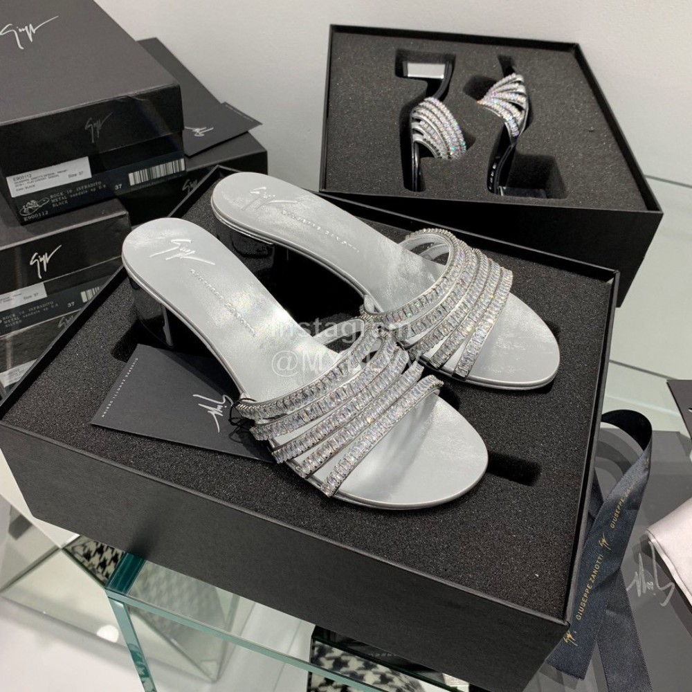 Giuseppe Zanotti Simple Sheepskin Diamond High Heel Slippers For Women Silver