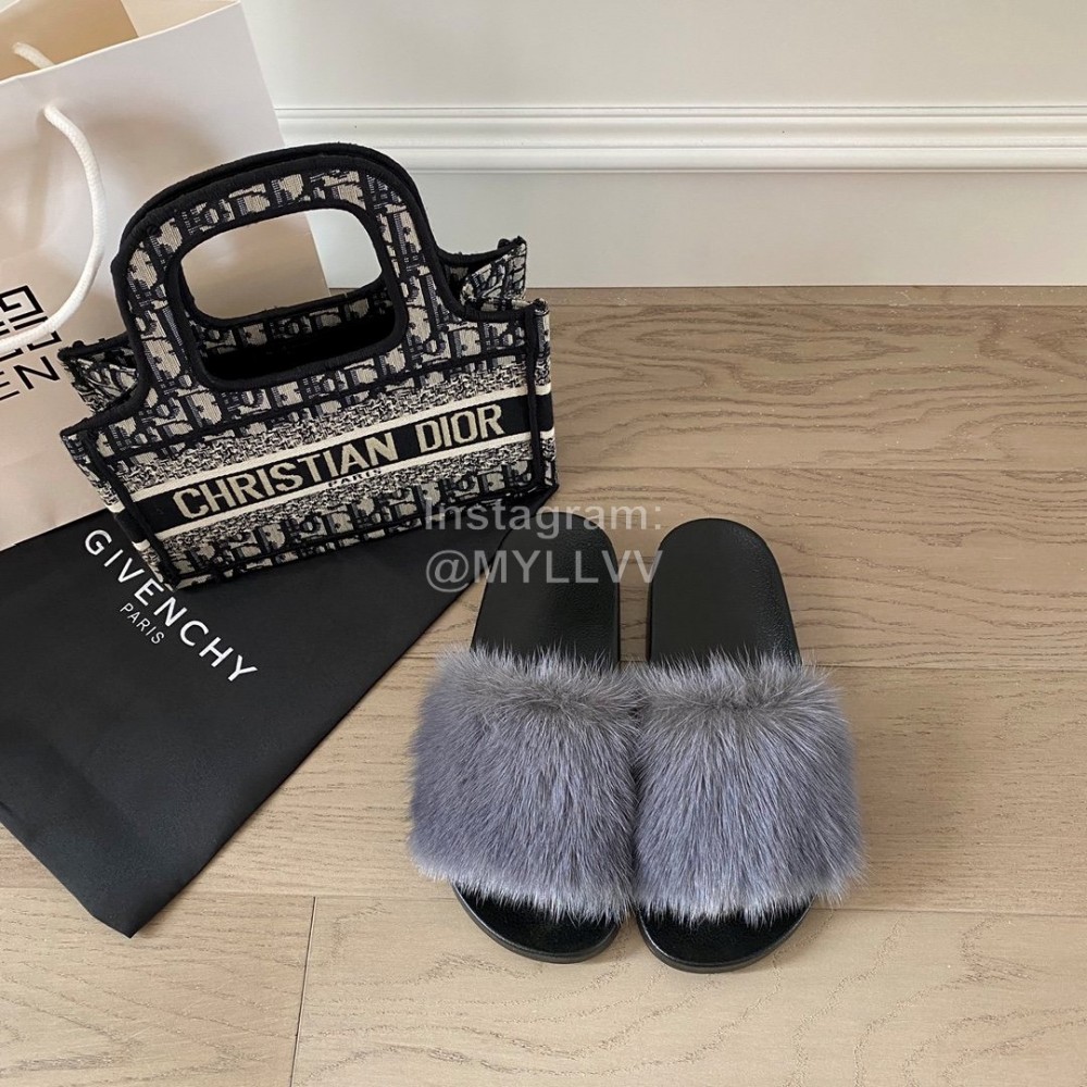 Givenchy Autumn Winter Soft Mink Hair Flat Heel Slippers For Women Gray