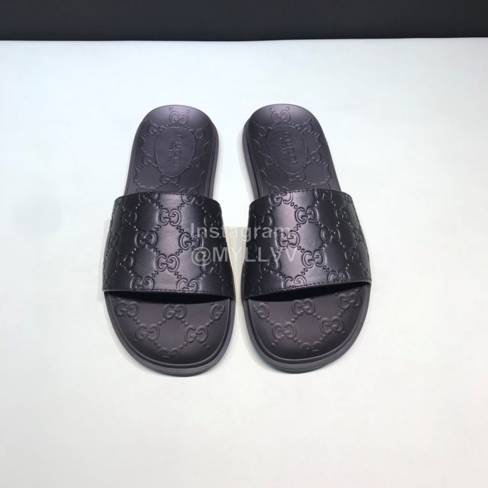 Gucci Black Leather Embossed Slippers For Men 