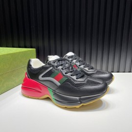 Gucci Calf Leather Mesh Thick Soled Sneakers For Men And Women Black