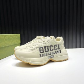 Gucci Calf Leather Thick Soled Sneakers For Men And Women Beige
