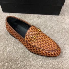 Gucci Woven Cowhide Horsebit Casual Loafers For Men Brown
