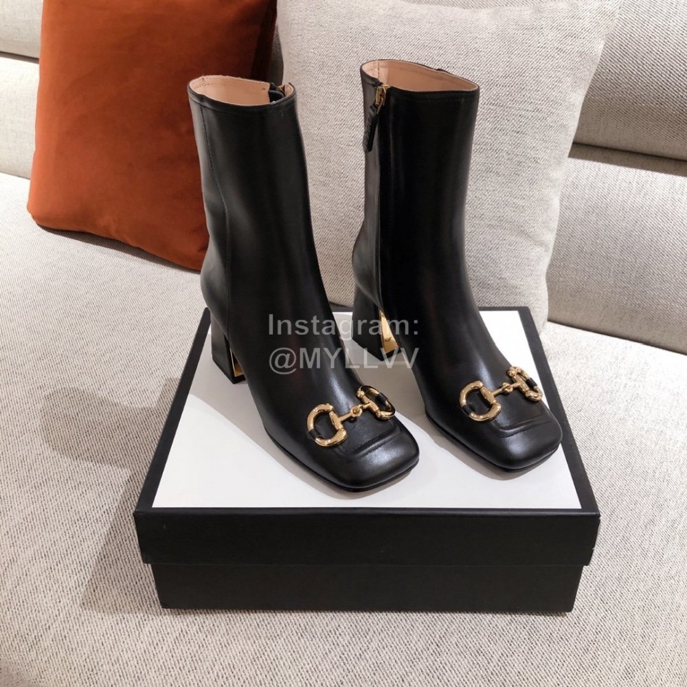 Gucci Autumn Winter Leather High Heeled Short Boots For Women Black