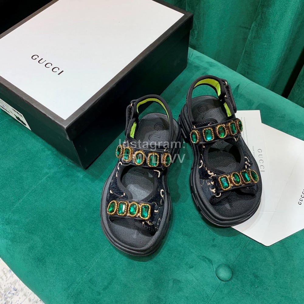 Gucci Black Thick Soles Velvet Cowhide Velcro Sandals For Women