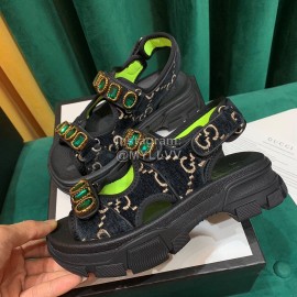 Gucci Black Thick Soles Velvet Cowhide Velcro Sandals For Women