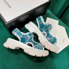 Gucci Blue Thick Soles Velvet Cowhide Velcro Sandals For Women
