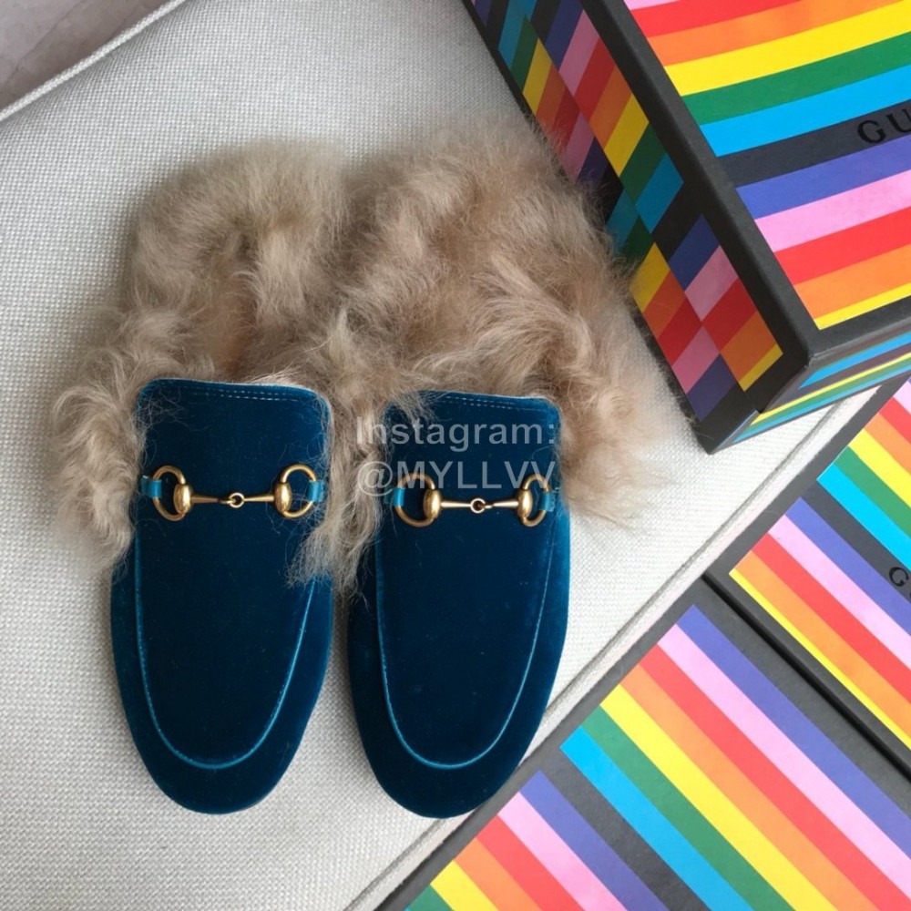 Gucci Winter Cow Leather Velvet Shoes For Women Blue