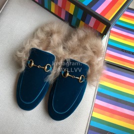 Gucci Winter Cow Leather Velvet Shoes For Women Blue