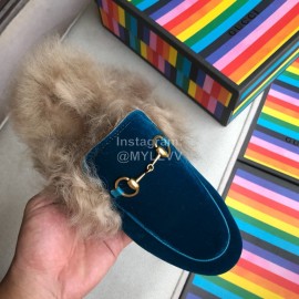 Gucci Winter Cow Leather Velvet Shoes For Women Blue