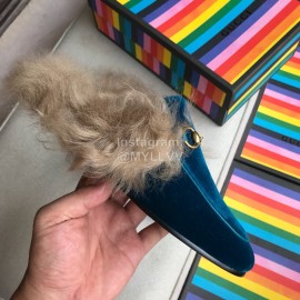 Gucci Winter Cow Leather Velvet Shoes For Women Blue