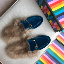 Gucci Winter Cow Leather Velvet Shoes For Women Blue