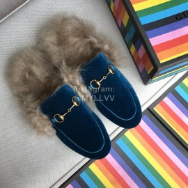 Gucci Winter Cow Leather Velvet Shoes For Women Blue