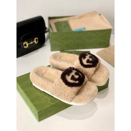 Gucci Winter Lamb Wool Slippers For Women Beige