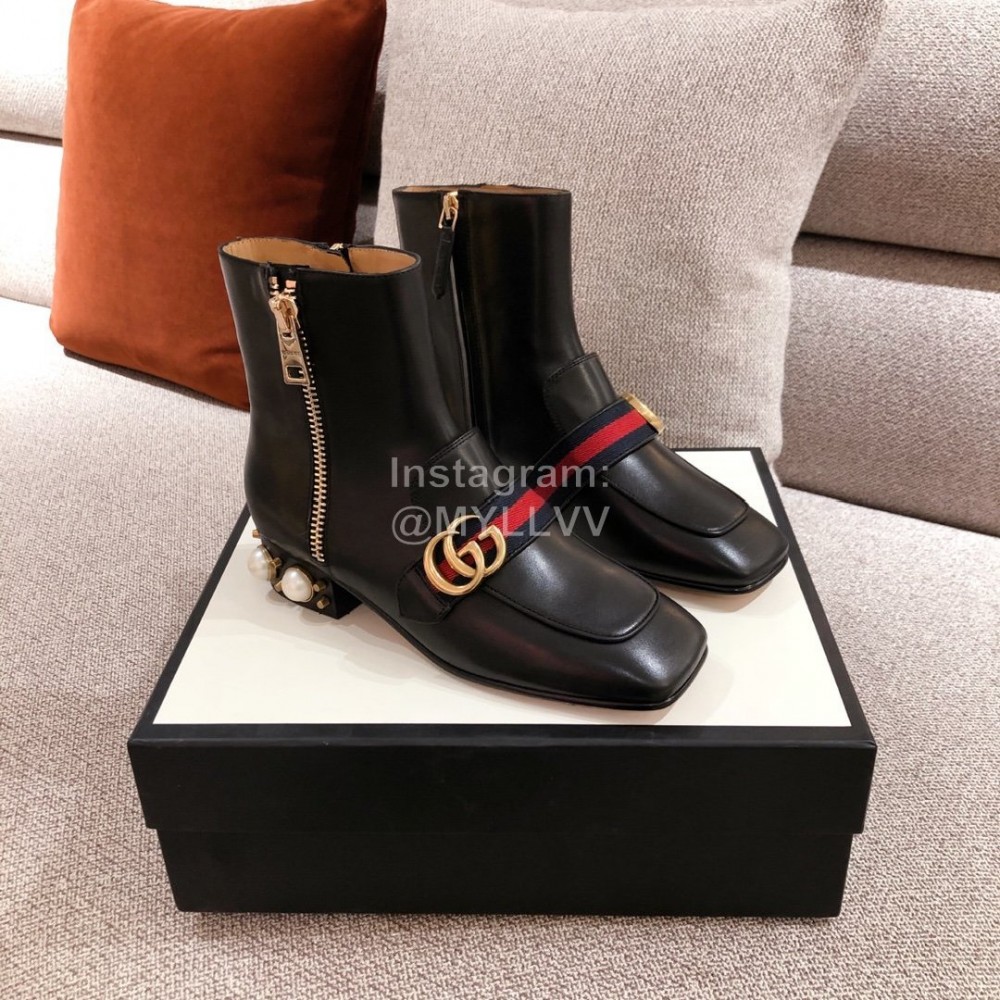 Gucci Autumn Winter Leather Square Head High Heel Boots