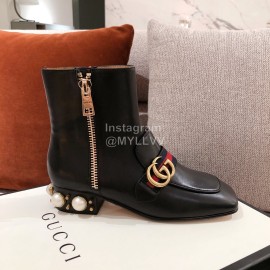 Gucci Autumn Winter Leather Square Head High Heel Boots