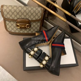 Gucci Black Square Head Calfskin Retro Pearl High Heel Shoes 