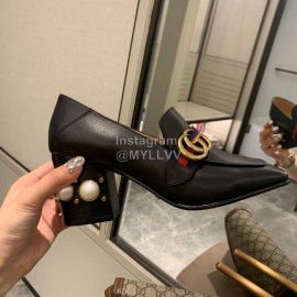 Gucci Black Square Head Calfskin Retro Pearl High Heel Shoes 