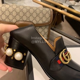 Gucci Black Square Head Calfskin Retro Pearl High Heel Shoes 