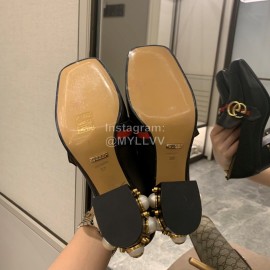 Gucci Black Square Head Calfskin Retro Pearl High Heel Shoes 