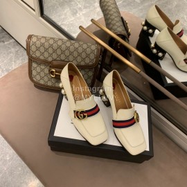 Gucci White Square Head Calfskin Retro Pearl High Heel Shoes 