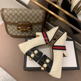 Gucci White Square Head Calfskin Retro Pearl High Heel Shoes 