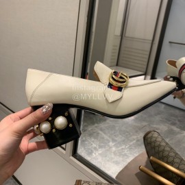 Gucci White Square Head Calfskin Retro Pearl High Heel Shoes 