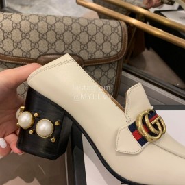Gucci White Square Head Calfskin Retro Pearl High Heel Shoes 