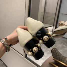 Gucci White Square Head Calfskin Retro Pearl High Heel Shoes 