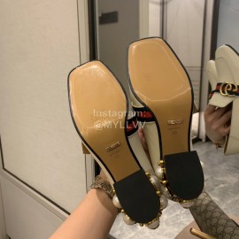 Gucci White Square Head Calfskin Retro Pearl High Heel Shoes 