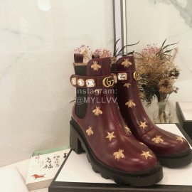 Gucci Wine Red Cowhide Embroidered Boots For Women