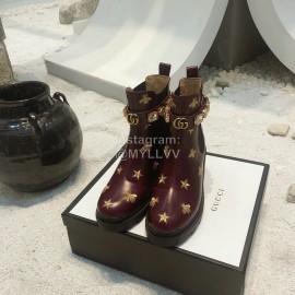 Gucci Wine Red Cowhide Embroidered Boots For Women