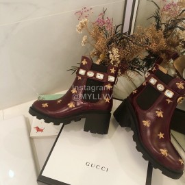Gucci Wine Red Cowhide Embroidered Boots For Women