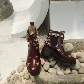 Gucci Wine Red Cowhide Embroidered Boots For Women