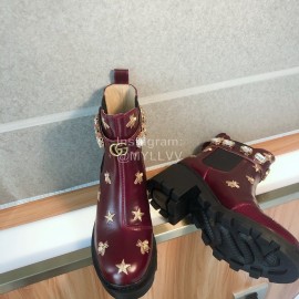 Gucci Wine Red Cowhide Embroidered Boots For Women