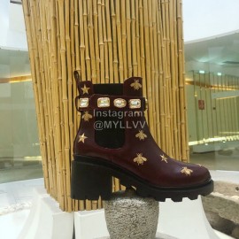 Gucci Wine Red Cowhide Embroidered Boots For Women