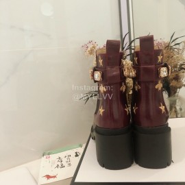 Gucci Wine Red Cowhide Embroidered Boots For Women