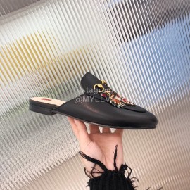 Gucci Classic Embroidered Black Cow Leather Buckle Sandals For Women