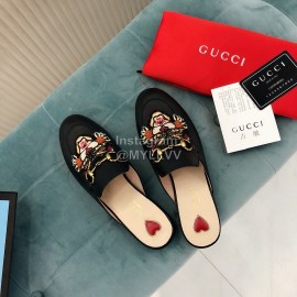 Gucci Classic Embroidered Black Cow Leather Buckle Sandals For Women
