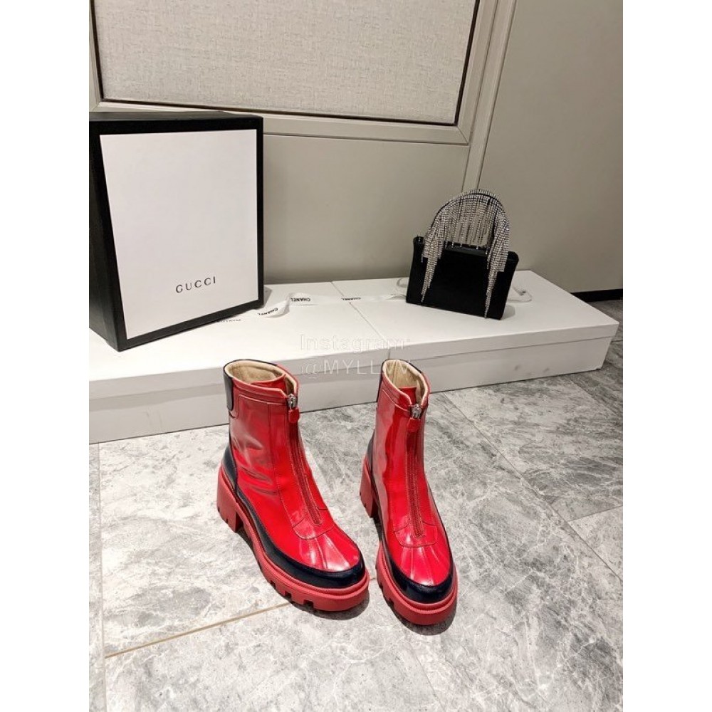 Gucci Autumn Winter New Mid Zipper Patent Leather Boots Red