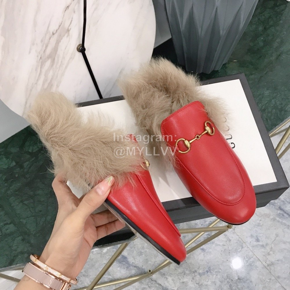 Gucci Winter New Soft Leather Wool Slippers For Women Red