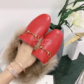 Gucci Winter New Soft Leather Wool Slippers For Women Red