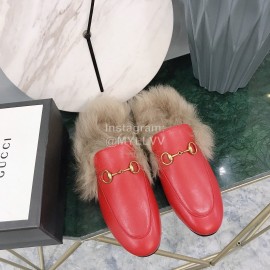 Gucci Winter New Soft Leather Wool Slippers For Women Red