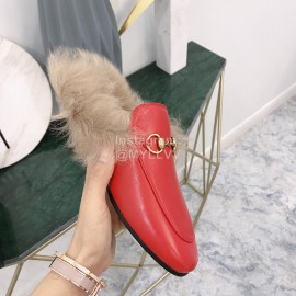 Gucci Winter New Soft Leather Wool Slippers For Women Red