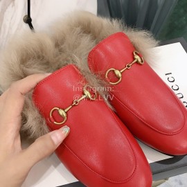 Gucci Winter New Soft Leather Wool Slippers For Women Red