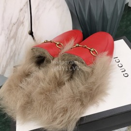 Gucci Winter New Soft Leather Wool Slippers For Women Red