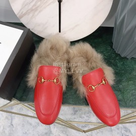 Gucci Winter New Soft Leather Wool Slippers For Women Red