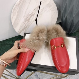 Gucci Winter New Soft Leather Wool Slippers For Women Red