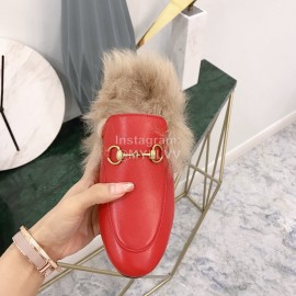 Gucci Winter New Soft Leather Wool Slippers For Women Red