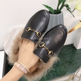 Gucci Winter New Soft Leather Wool Slippers For Women Black